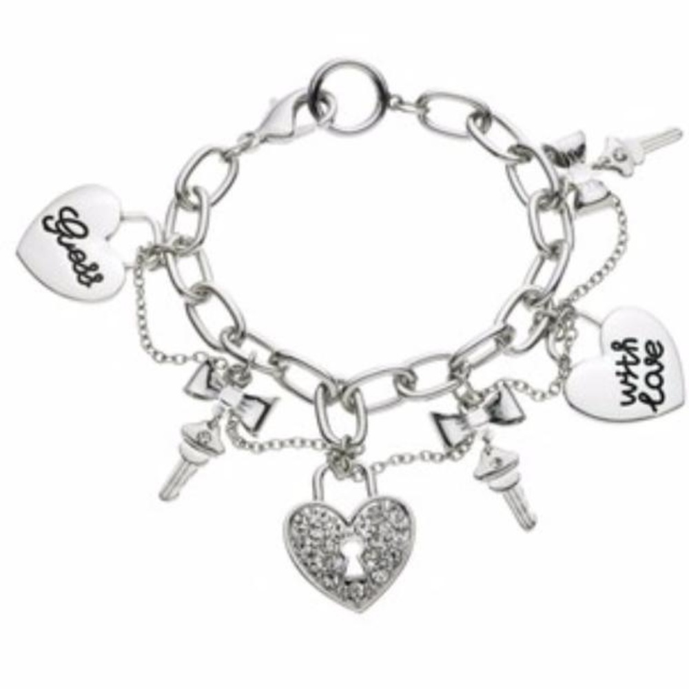 Guess Charm Bracelet Hearts Lock Key Silver Tone.